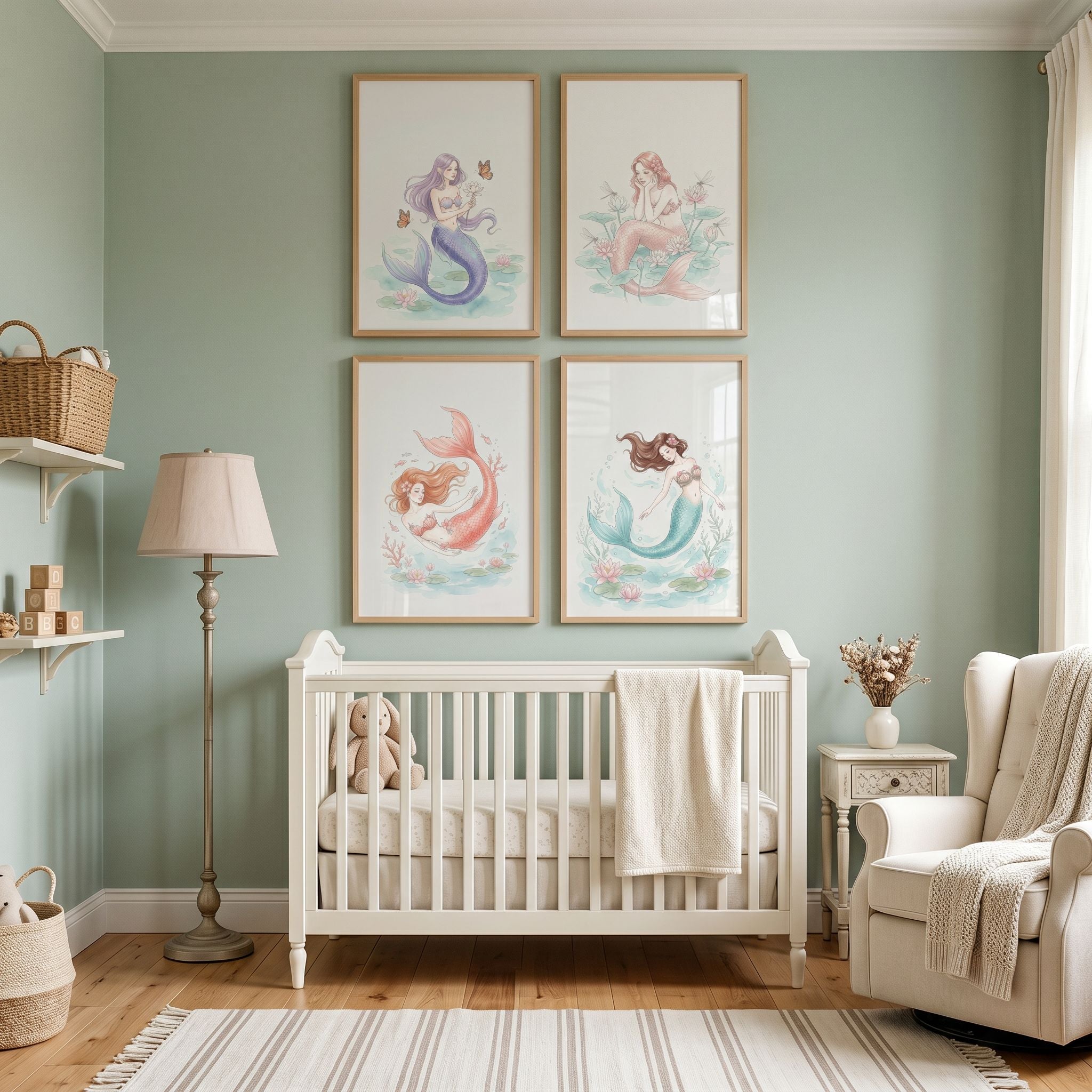 Soft Dreamy Aquatic Mermaid Wall Art Set of 4 - Pastel Mermaid Collection