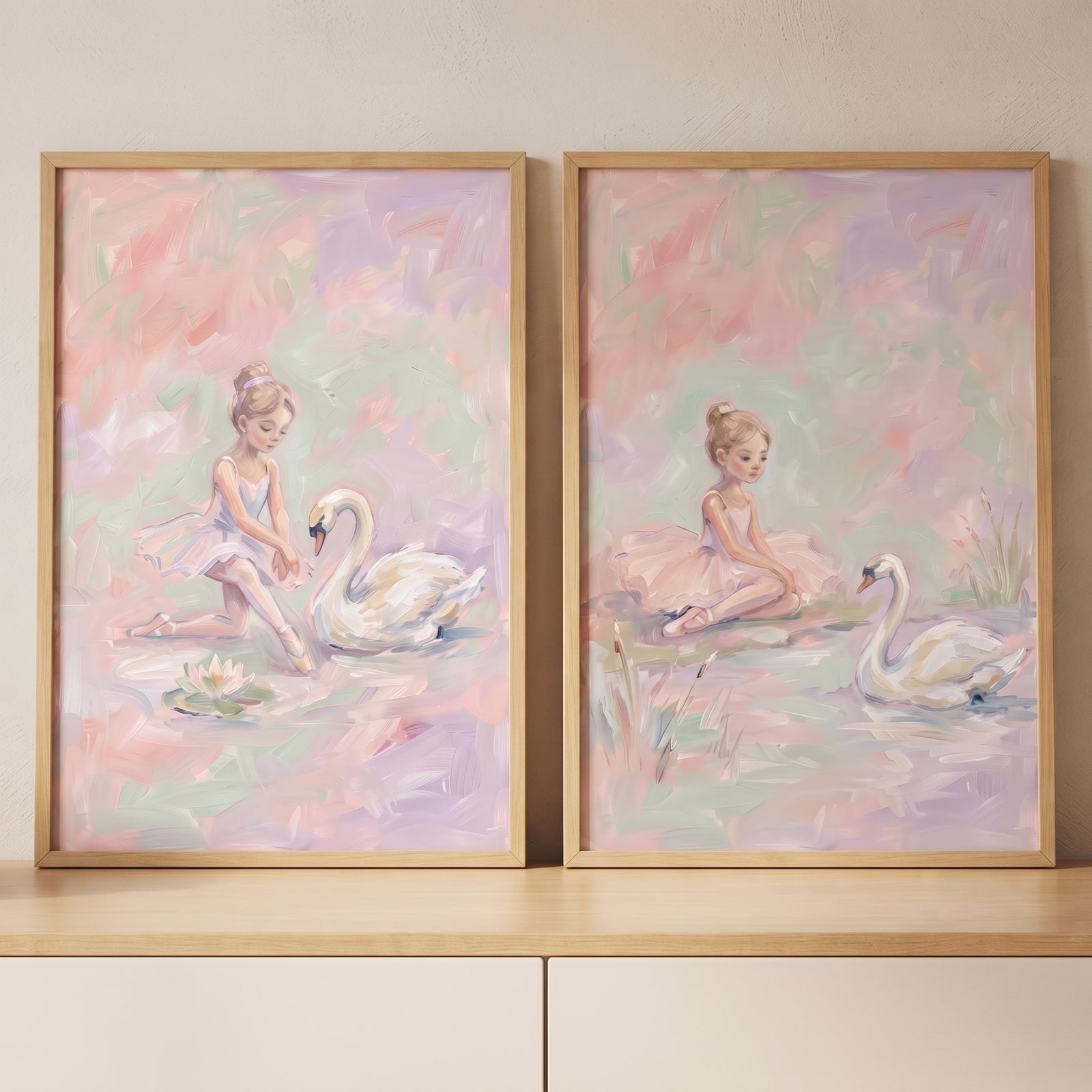 Soft dreamy swan ballet artwork set of 2 featuring ballerinas and white swans in light wood frames.