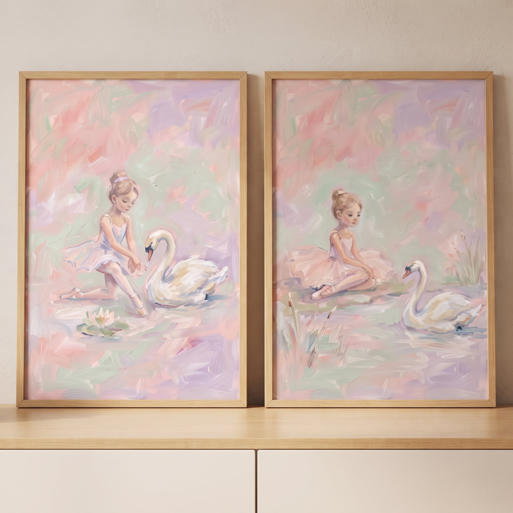 Soft Dreamy Swan Ballet Artwork Set of 2 - Pastel Pond Dreams