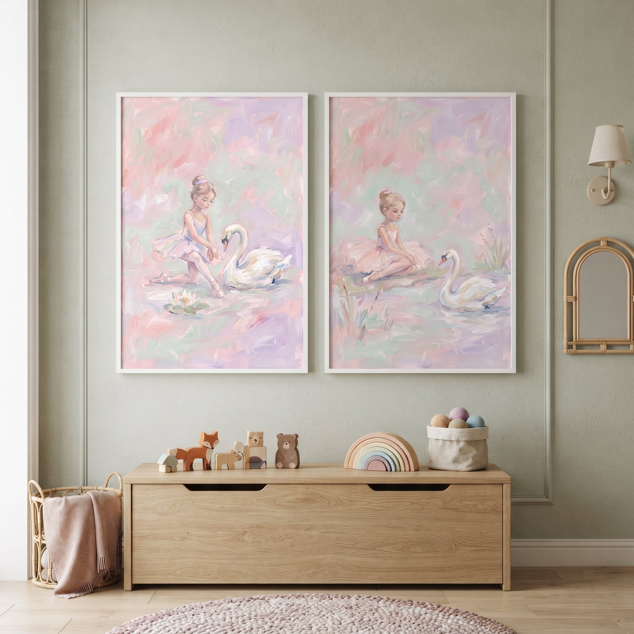 Soft Dreamy Swan Ballet Artwork Set of 2 - Pastel Pond Dreams
