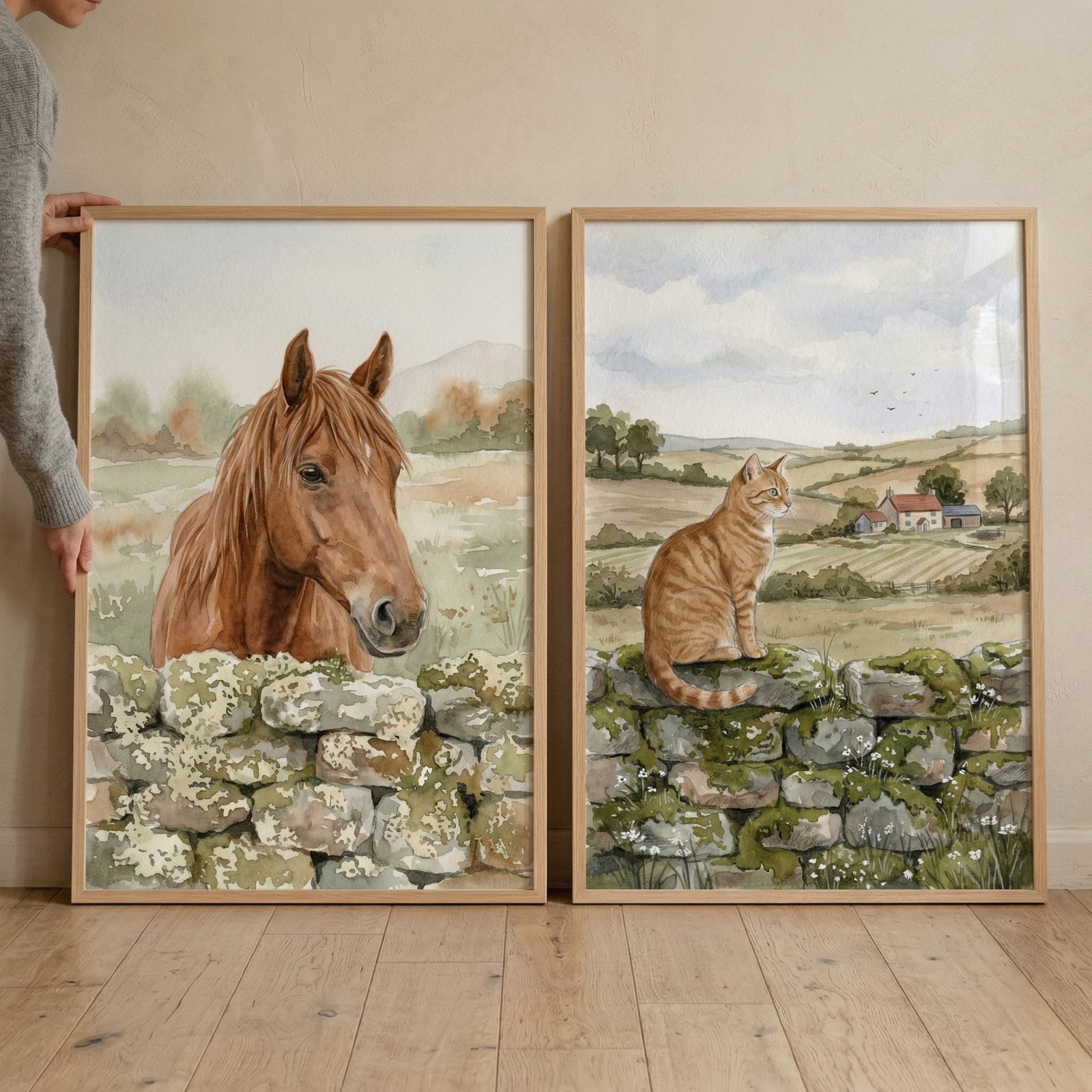 Soft earth tone animal artwork set of 2 featuring a chestnut horse and a ginger cat perched on mossy stone walls.