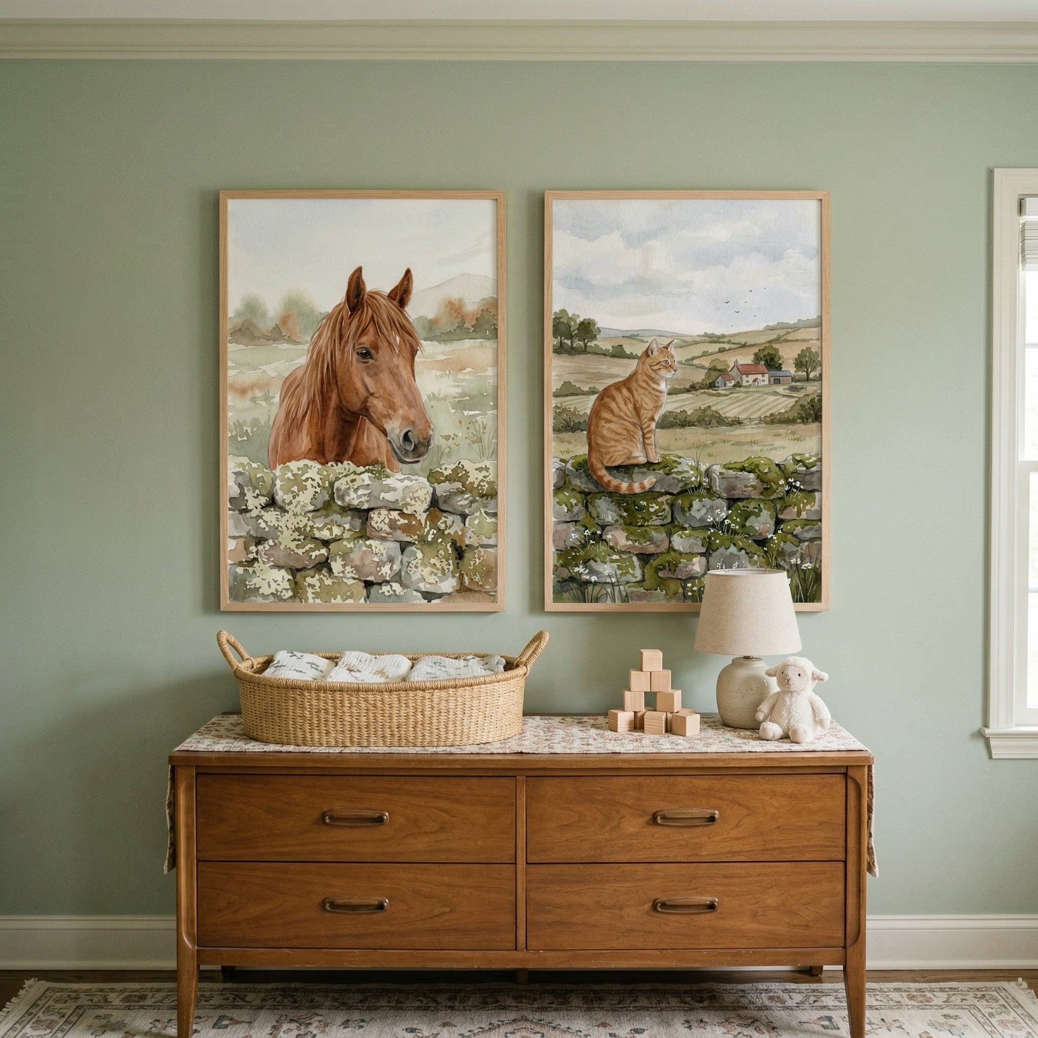 Soft Earth Tone Animal Artwork Set of 2 - Rustic Farm Friends