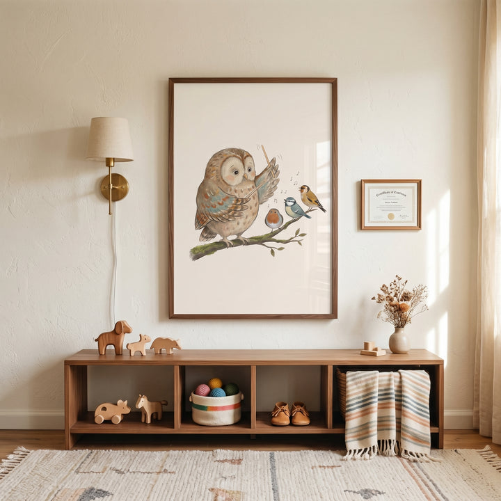 Soft earth tone owl wall art hangs above a wooden shelf with toys, shoes, and a blanket in a neutral room.