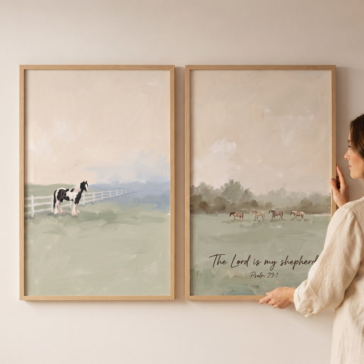 Soft Ethereal Horse Wall Art Set of 2 - Shepherd's Serene Meadow