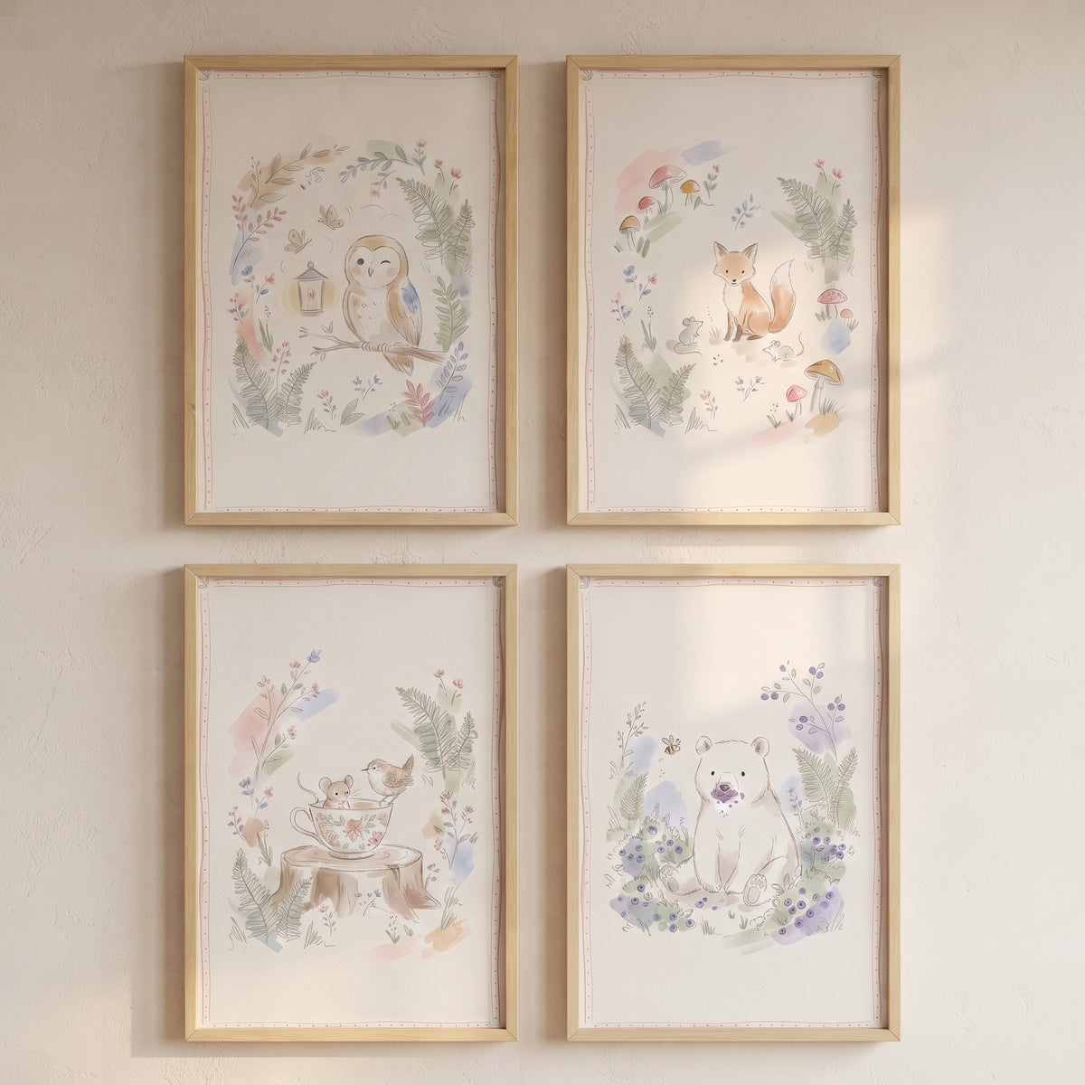 Soft Ethereal Woodland Animals Wall Art Set of 4 - Whimsical Forest Friends