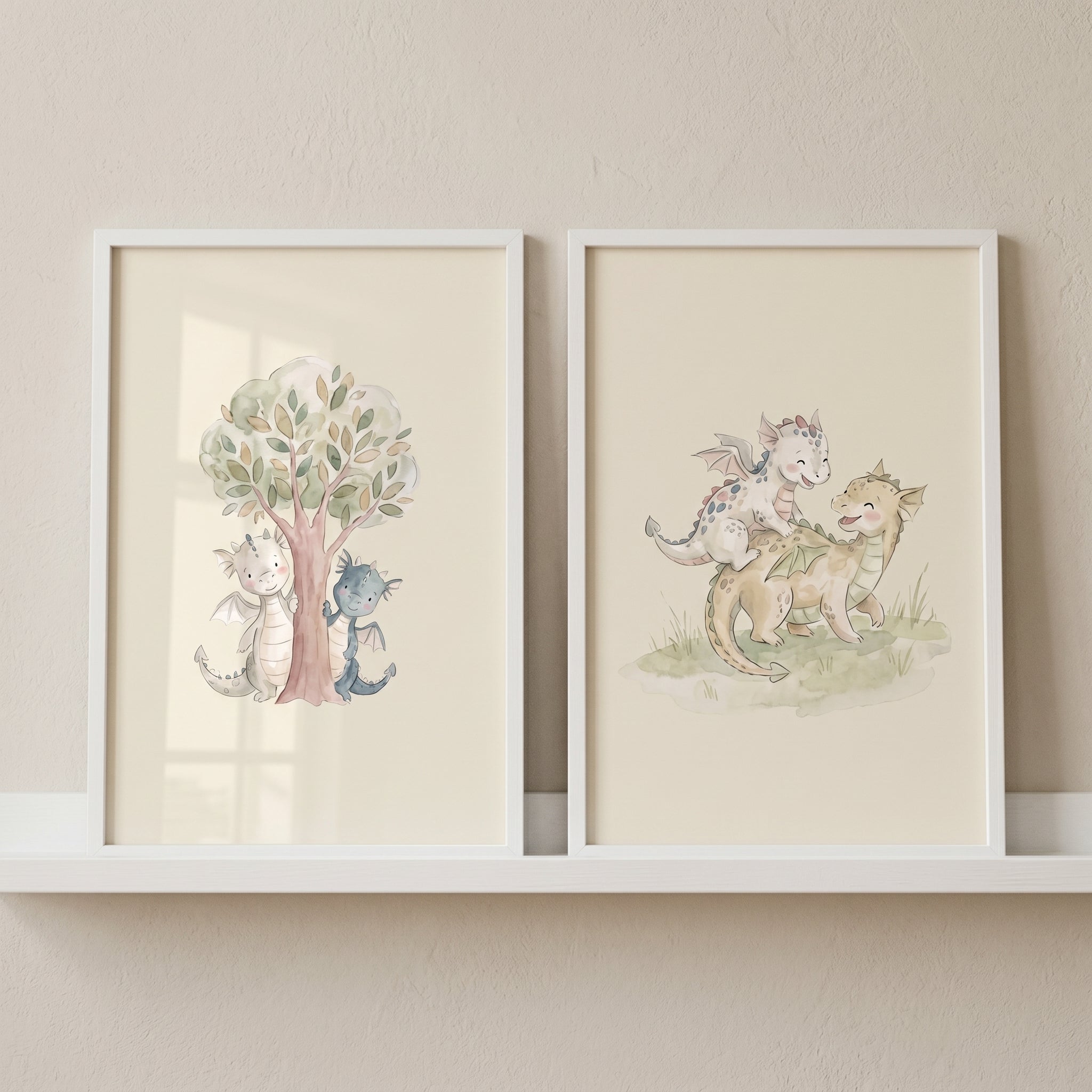 Soft Fairytale Baby Dragons Wall Art Set of 2 - Sweet Dragon Friends