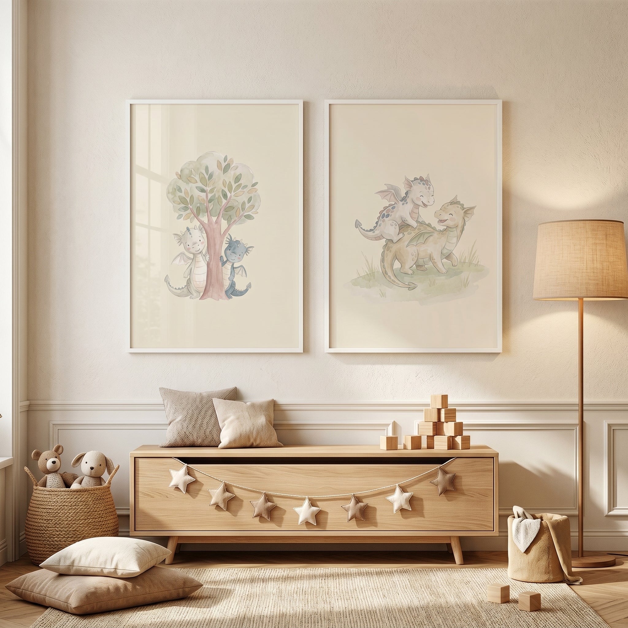 Soft Fairytale Baby Dragons Wall Art Set of 2 - Sweet Dragon Friends