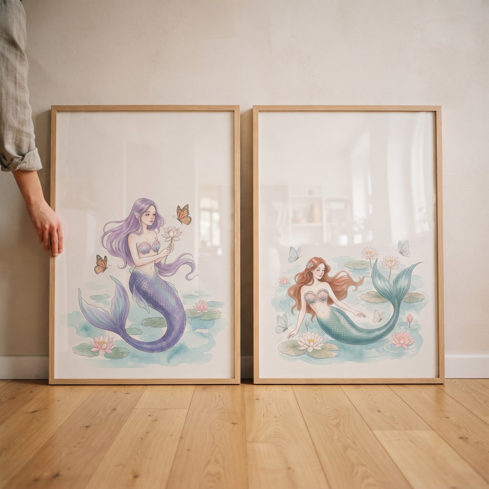 Soft fairytale lotus mermaid wall art set of 2 in wood frames features purple and teal mermaids in a pond with flowers.