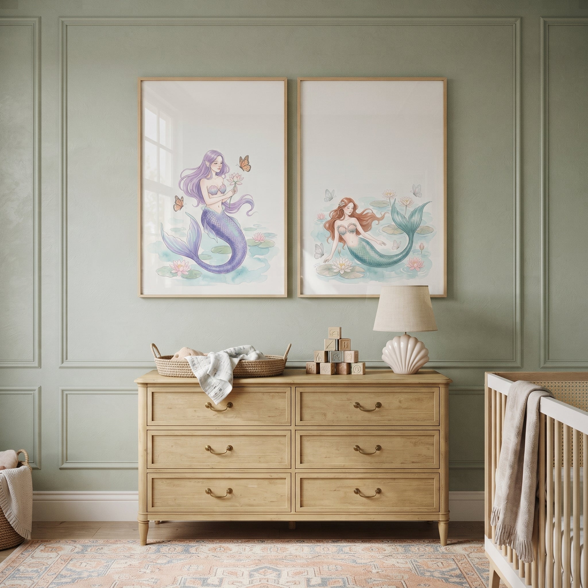Soft Fairytale Lotus Mermaid Wall Art Set of 2 - Enchanted Lily Pond