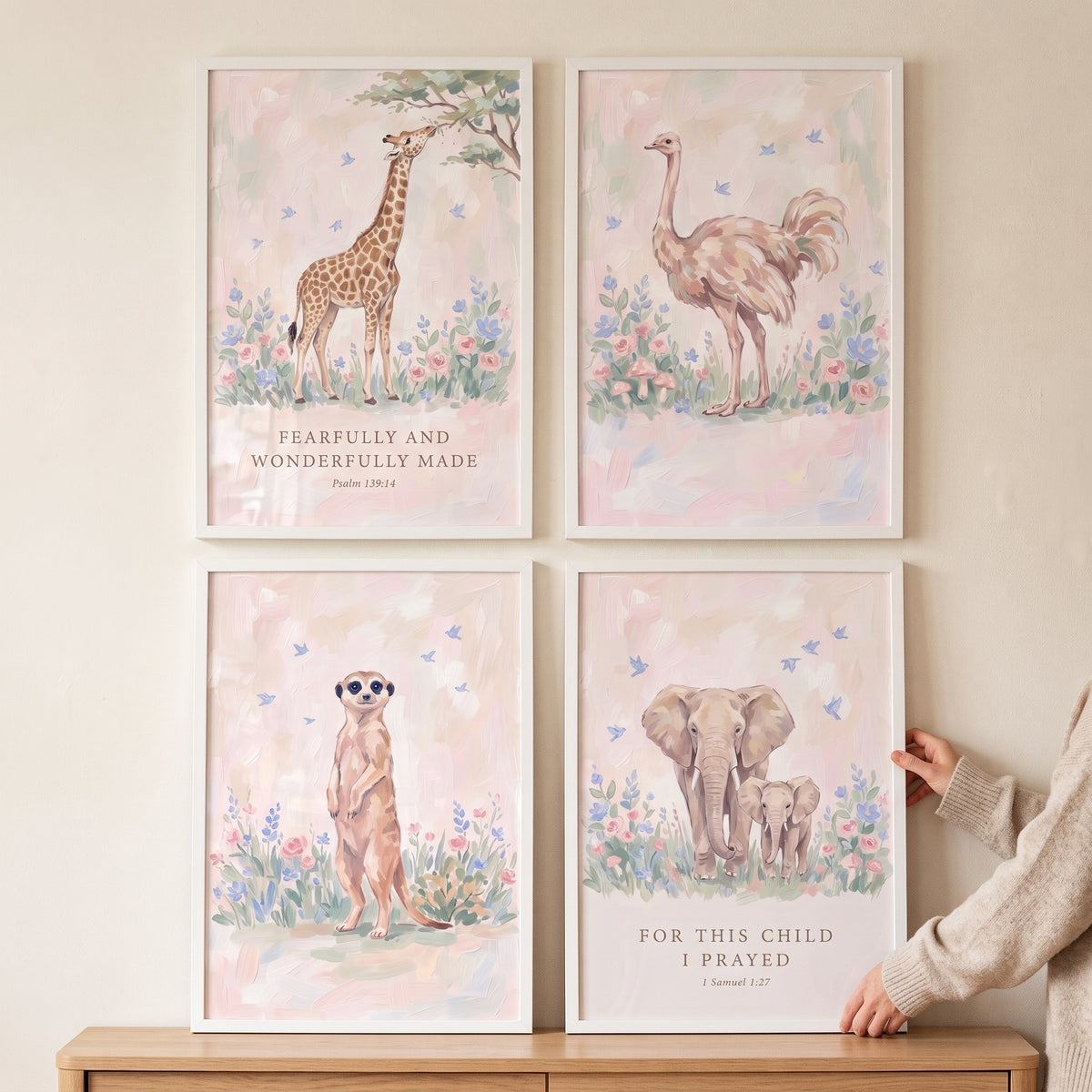 Framed soft floral african animals wall art set of 4 featuring a giraffe, ostrich, meerkat, and elephants with Bible verses.