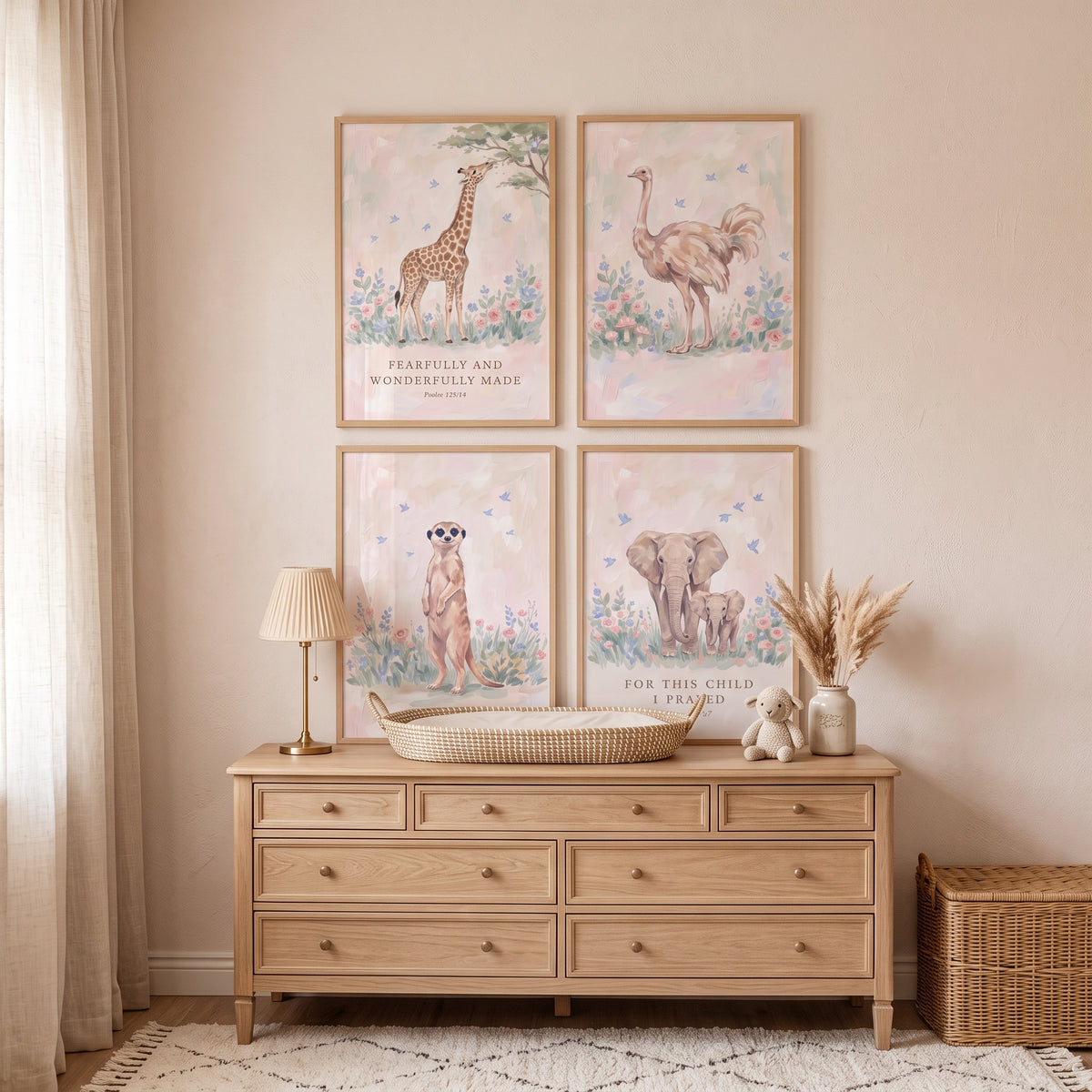 Soft Floral African Animals Wall Art Set Of 4 - Gentle Faith Animals
