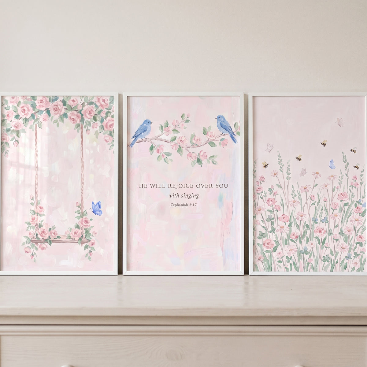 Soft Floral Botanical Garden Wall Art Set of 3 - Heavenly Floral Song