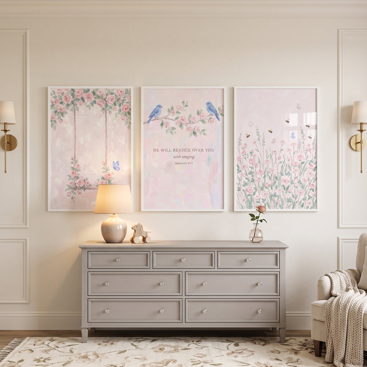 Soft Floral Botanical Garden Wall Art Set of 3 - Heavenly Floral Song