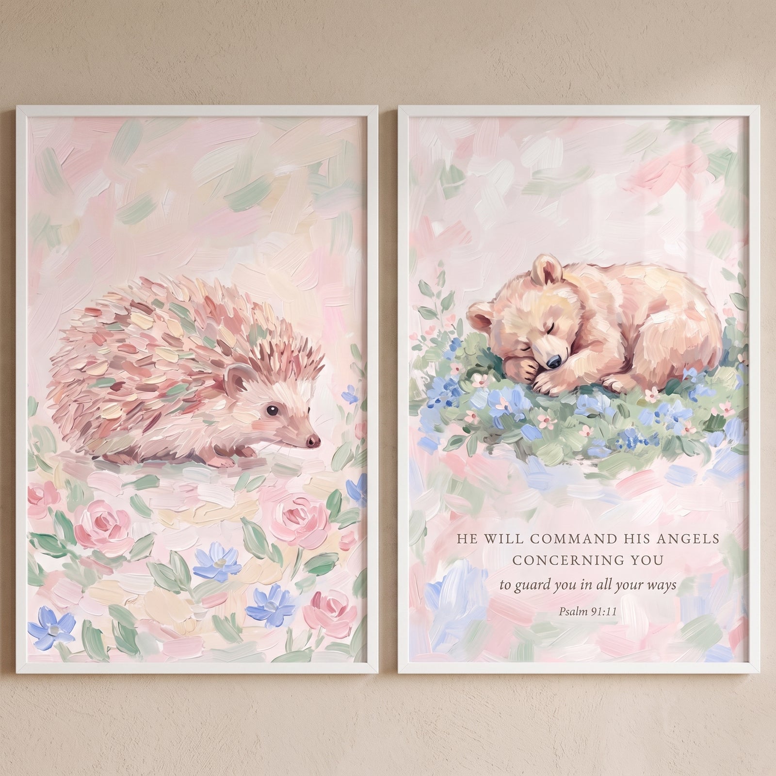 Soft floral forest animals wall art set of 2 with a hedgehog, sleeping bear, and a biblical verse on pastel backgrounds.