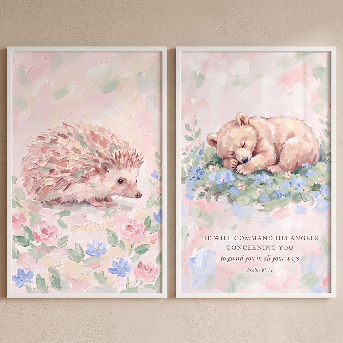 Soft Floral Forest Animals Wall Art Set of 2 - Angelic Meadow Friends