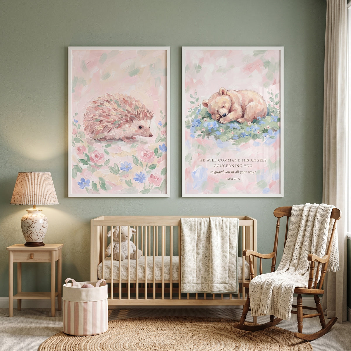 Soft Floral Forest Animals Wall Art Set of 2 - Angelic Meadow Friends
