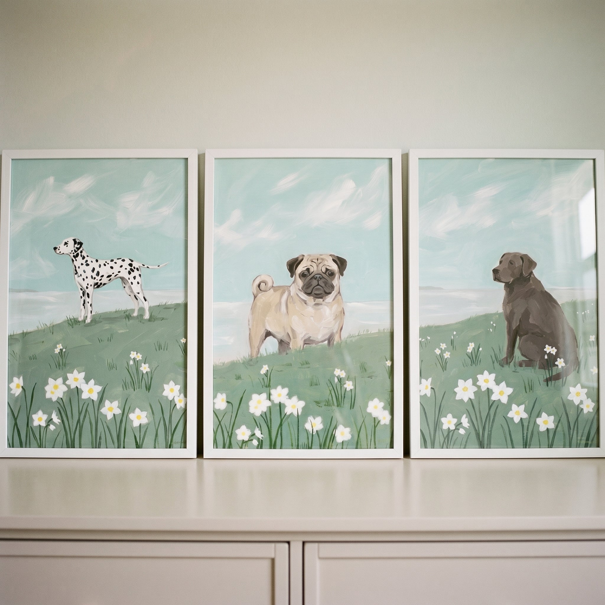 Soft Floral Meadow Dog Wall Art Set of 3 - Meadow Pups Trio