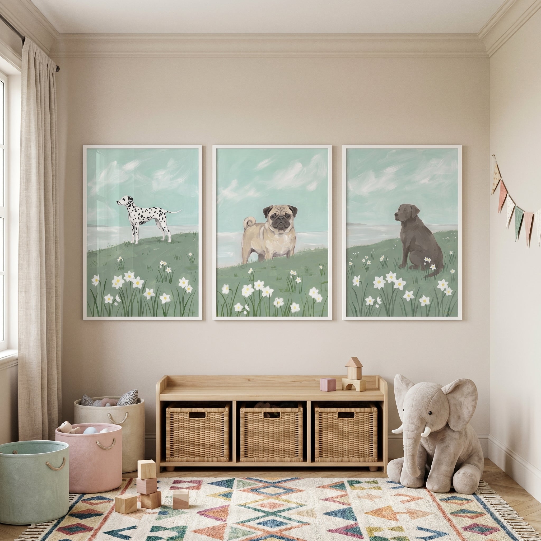 Soft Floral Meadow Dog Wall Art Set of 3 - Meadow Pups Trio