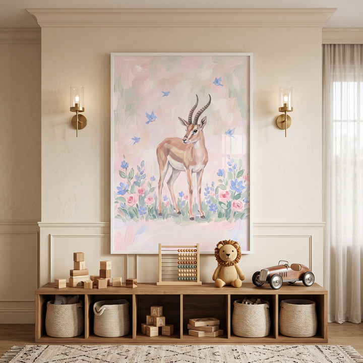 Wooden toys on a shelf below soft floral pastel gazelle floral wall art in a neutral room with gold wall sconces.