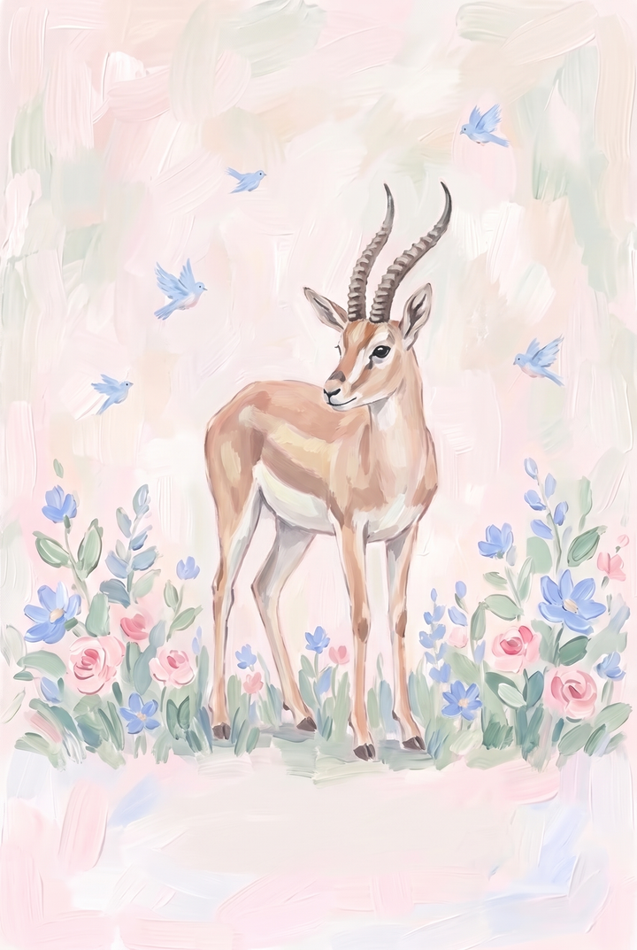 A gazelle stands among blue birds and pink flowers in this soft floral pastel gazelle floral wall art.