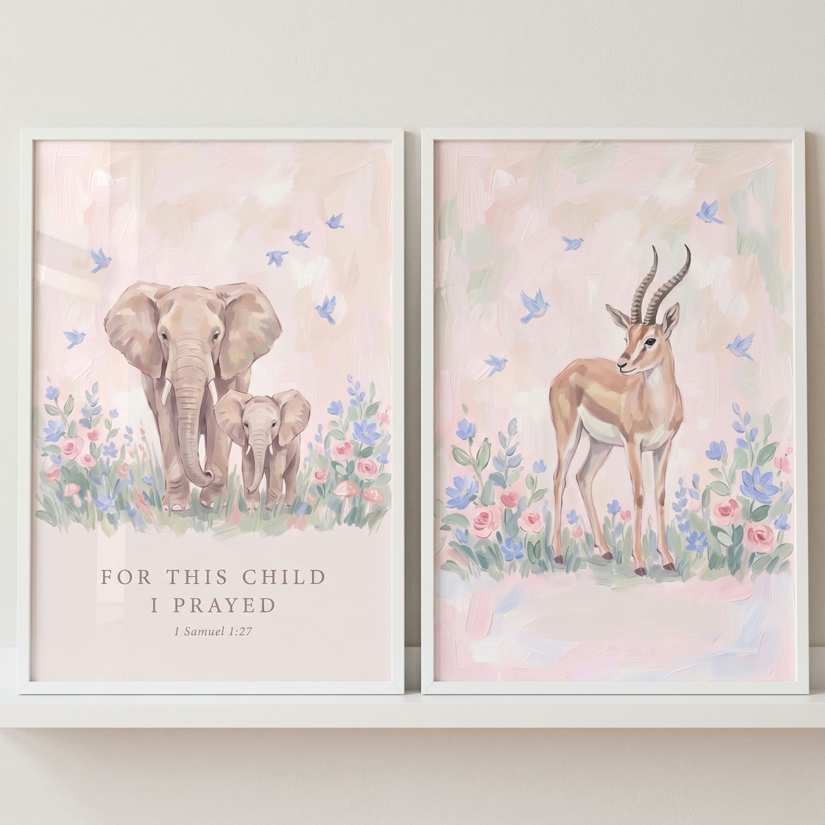 Soft floral safari animals wall art set of 2 featuring elephants, a gazelle, and scripture verse text in pastel colors.
