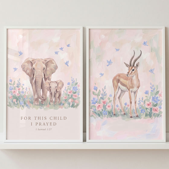 Soft floral safari animals wall art set of 2 featuring elephants, a gazelle, and scripture verse text in pastel colors.