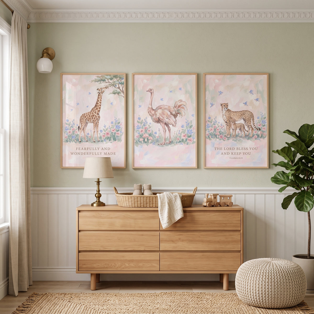 Soft Floral Savanna Animals Wall Art Set of 3 - Blessed Safari Friends