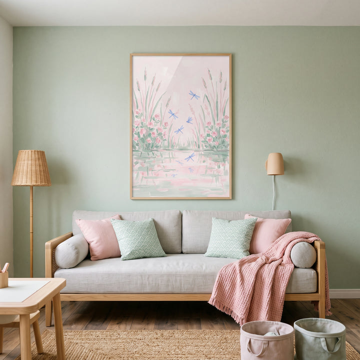 Soft flying blue dragonfly floral wall art above a gray sofa with pink pillows and a throw in a sage green room.