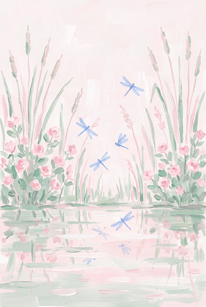 Soft flying blue dragonfly floral wall art features pink roses and green reeds reflected in a serene, pastel pond.