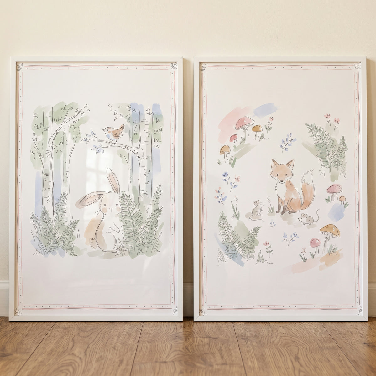 Soft Foliage Woodland Animal Wall Art Set of 2 - Forest Friends Duo
