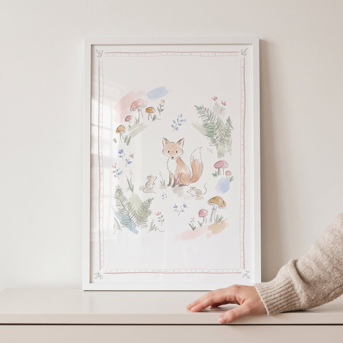 Framed soft forest animal fox wall art featuring a watercolor fox, mice, and mushrooms in a light-colored wooden frame.
