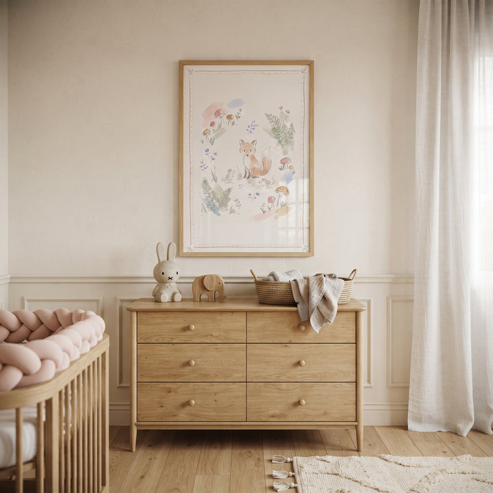 Wooden dresser and crib in a neutral nursery featuring soft forest animal fox wall art and a plush bunny toy.