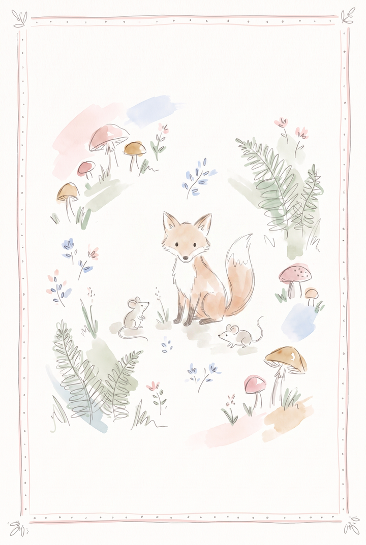 Soft forest animal fox wall art featuring a fox, mice, and mushrooms in a pastel watercolor-style illustration.