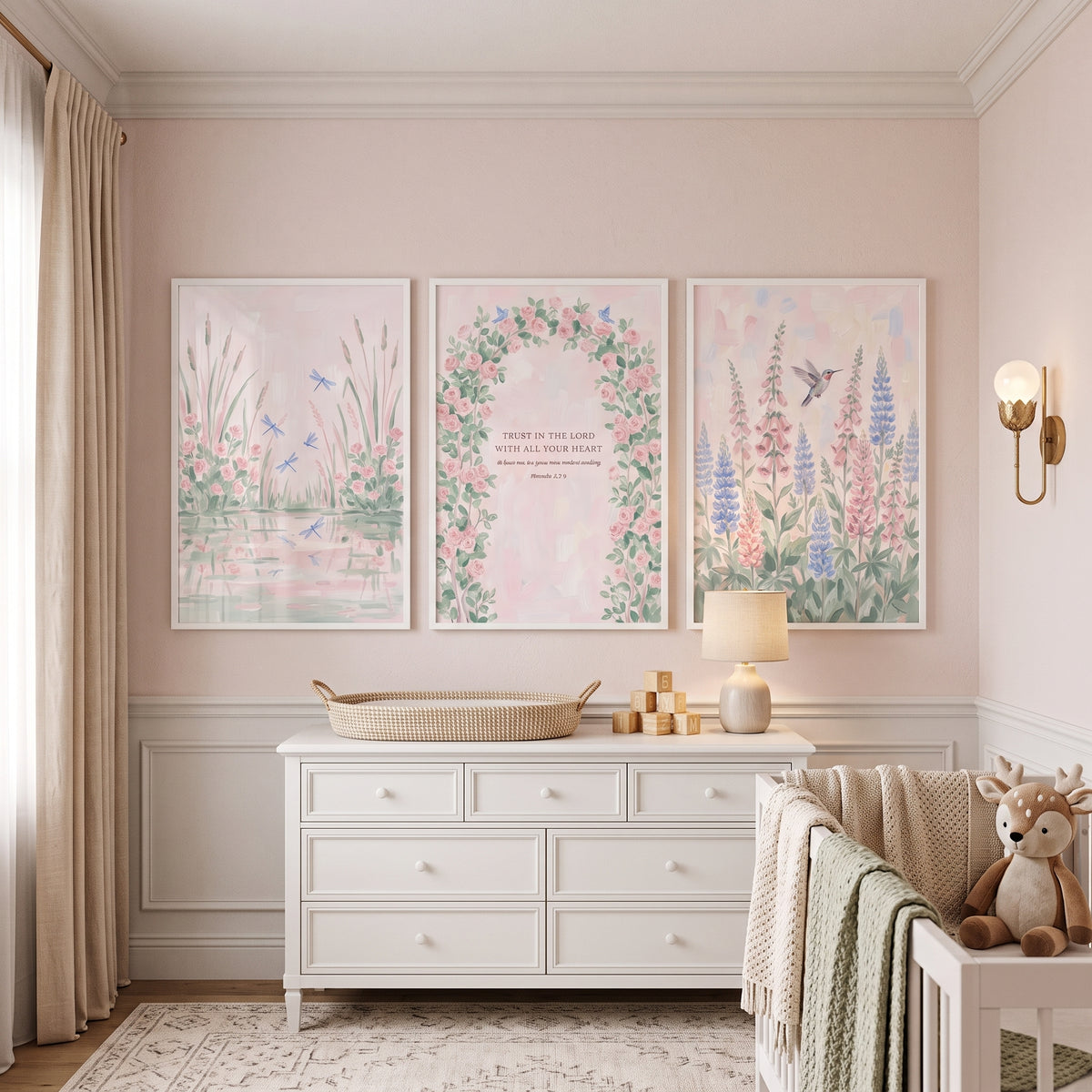 Soft Garden Nursery Wall Art Set of 3 - Pastel Prayer Meadow