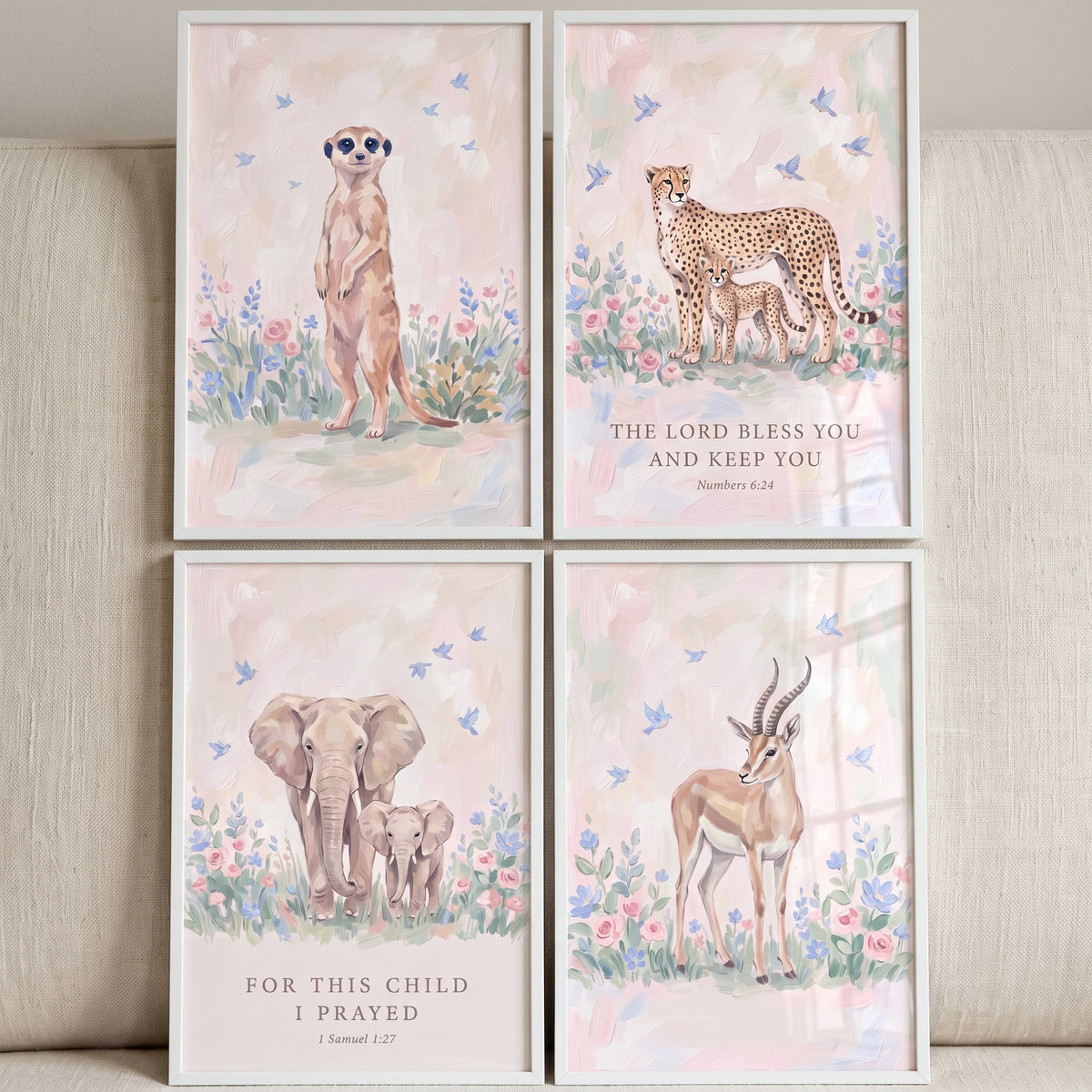 Soft garden safari animals wall art set of 4 features a meerkat, cheetah, elephant, and gazelle with Bible verses.