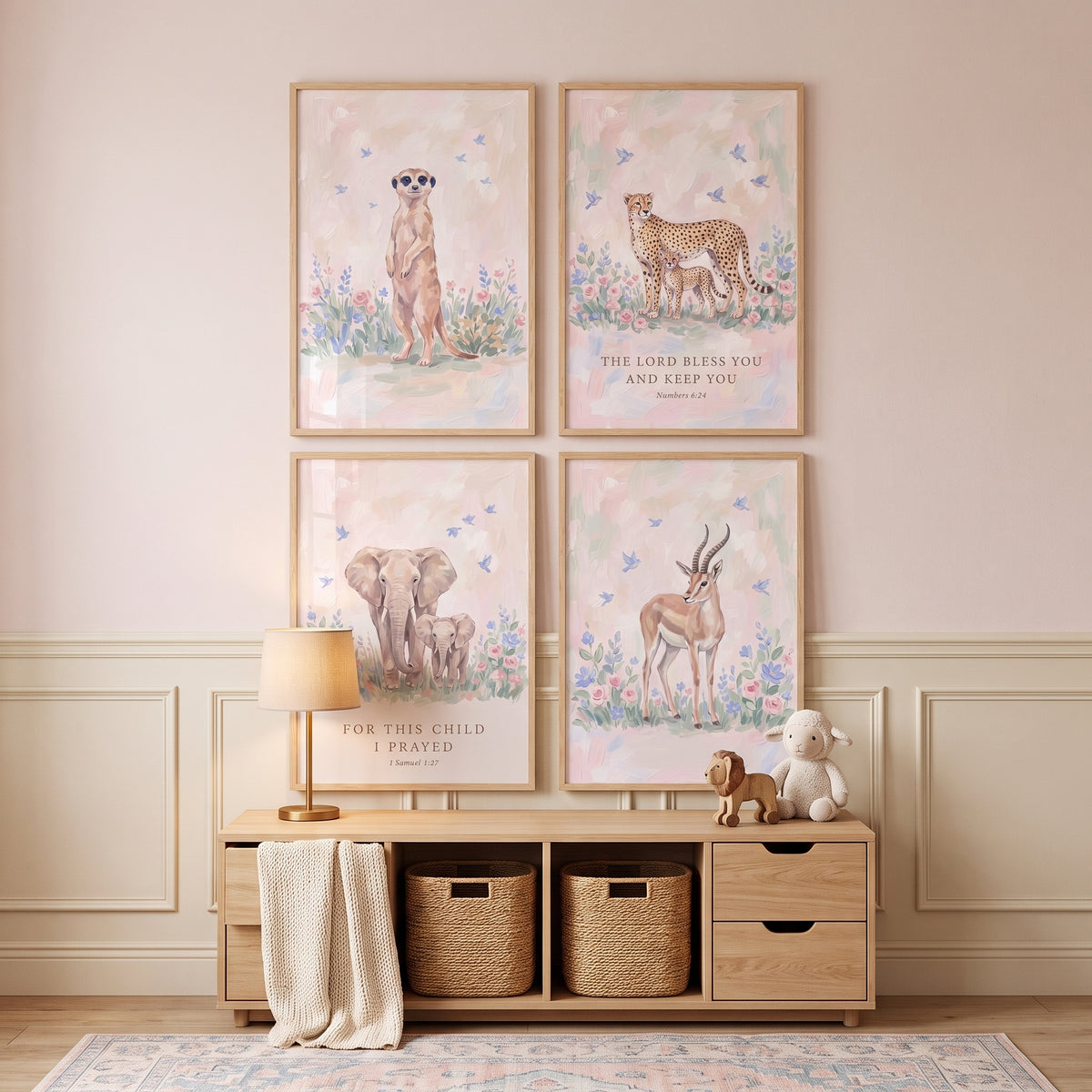 Soft Garden Safari Animals Wall Art Set Of 4 - Sacred Savanna Animals