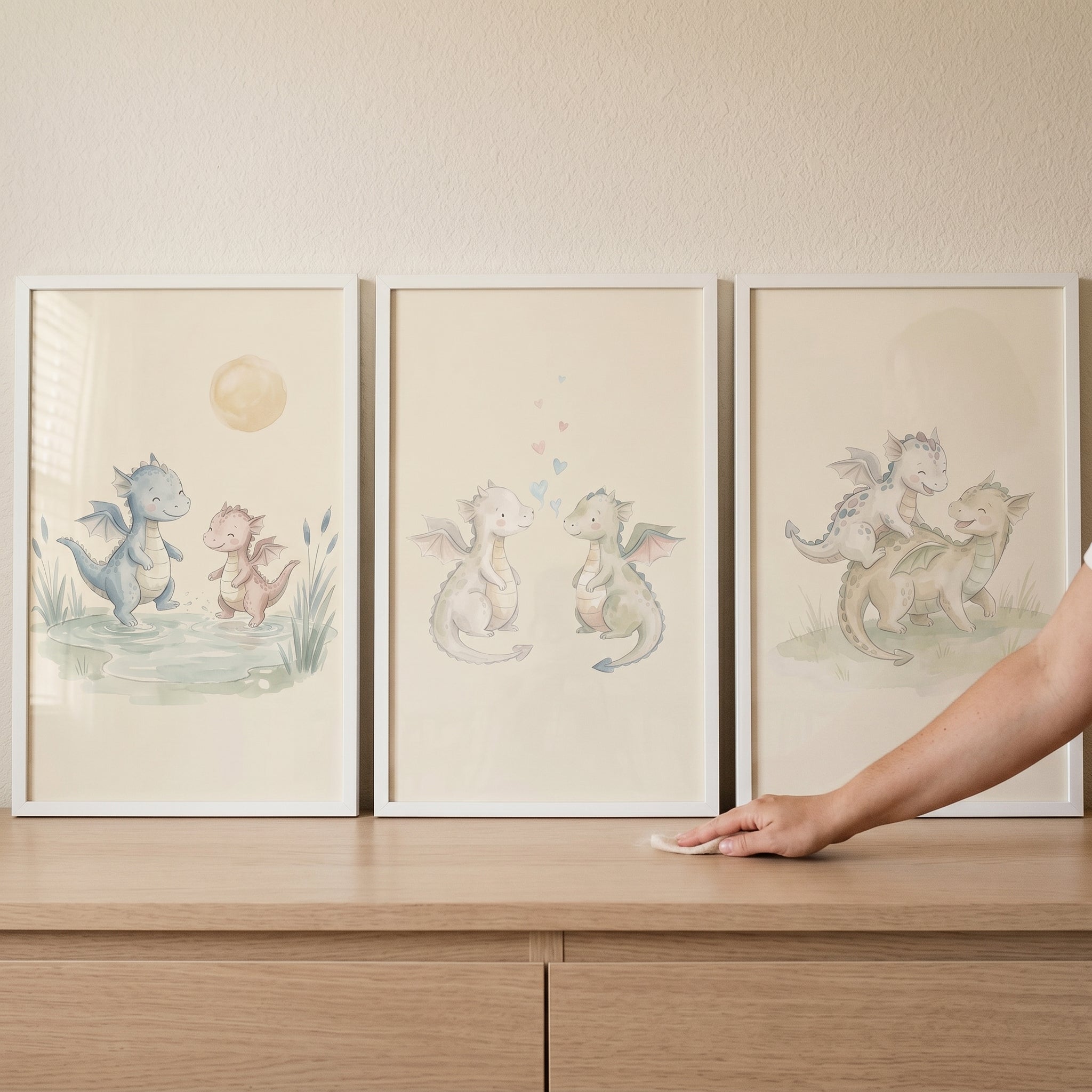 Soft Green Baby Dragons Wall Art Set of 3 - Whimsical Dragon Friends