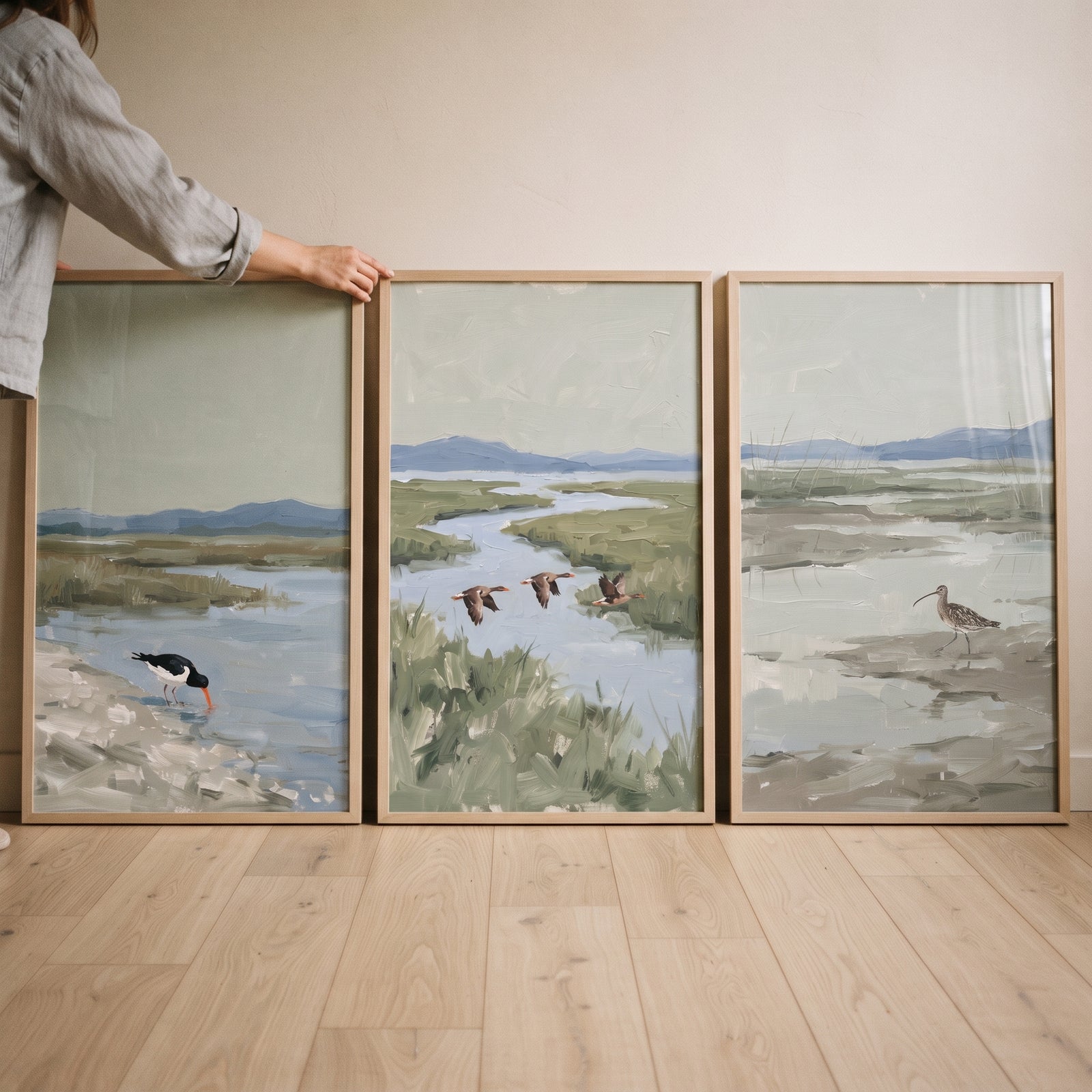 Soft green estuary bird print set of 3 in wood frames featuring wading birds and coastal landscapes in muted tones.