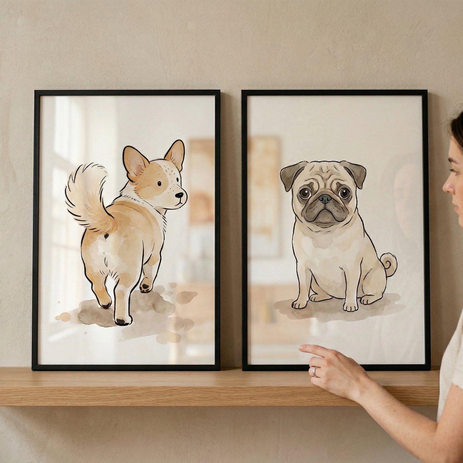 Two thin black-framed illustrations sit on a wooden shelf against a neutral wall. The left frame depicts a tan and white dog with pointed ears and a fluffy tail looking back over its shoulder. The right frame shows a tan pug sitting and facing forward with large eyes. Both use soft colors and simple lines. A person on the right points a finger at the pug illustration. The setting is bright and minimalist.