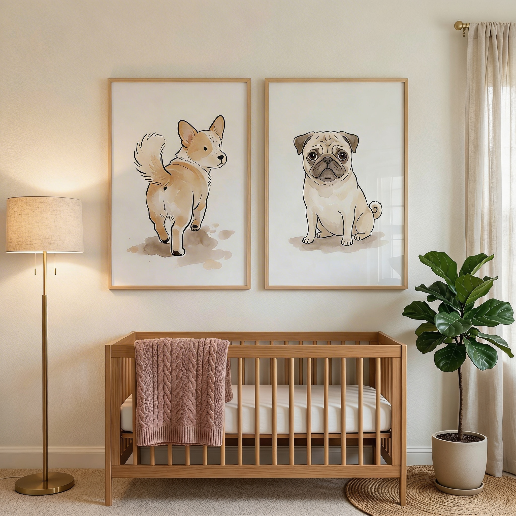 Soft Honey Watercolor Dog Wall Art Set of 2 - Watercolor Puppy Duo