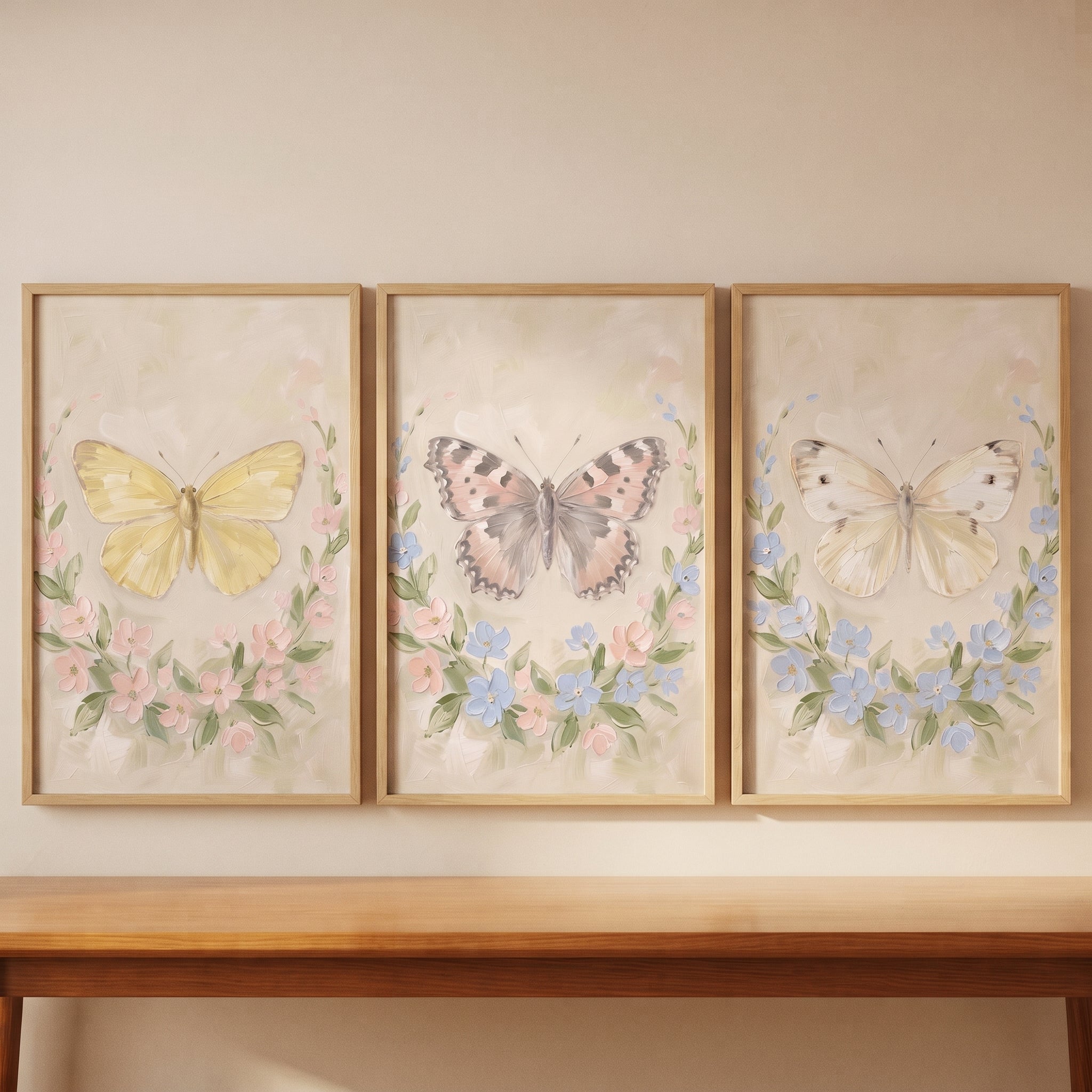 Soft Hue Floral Butterfly Wall Art Set of 3 - Delicate Floral Wings