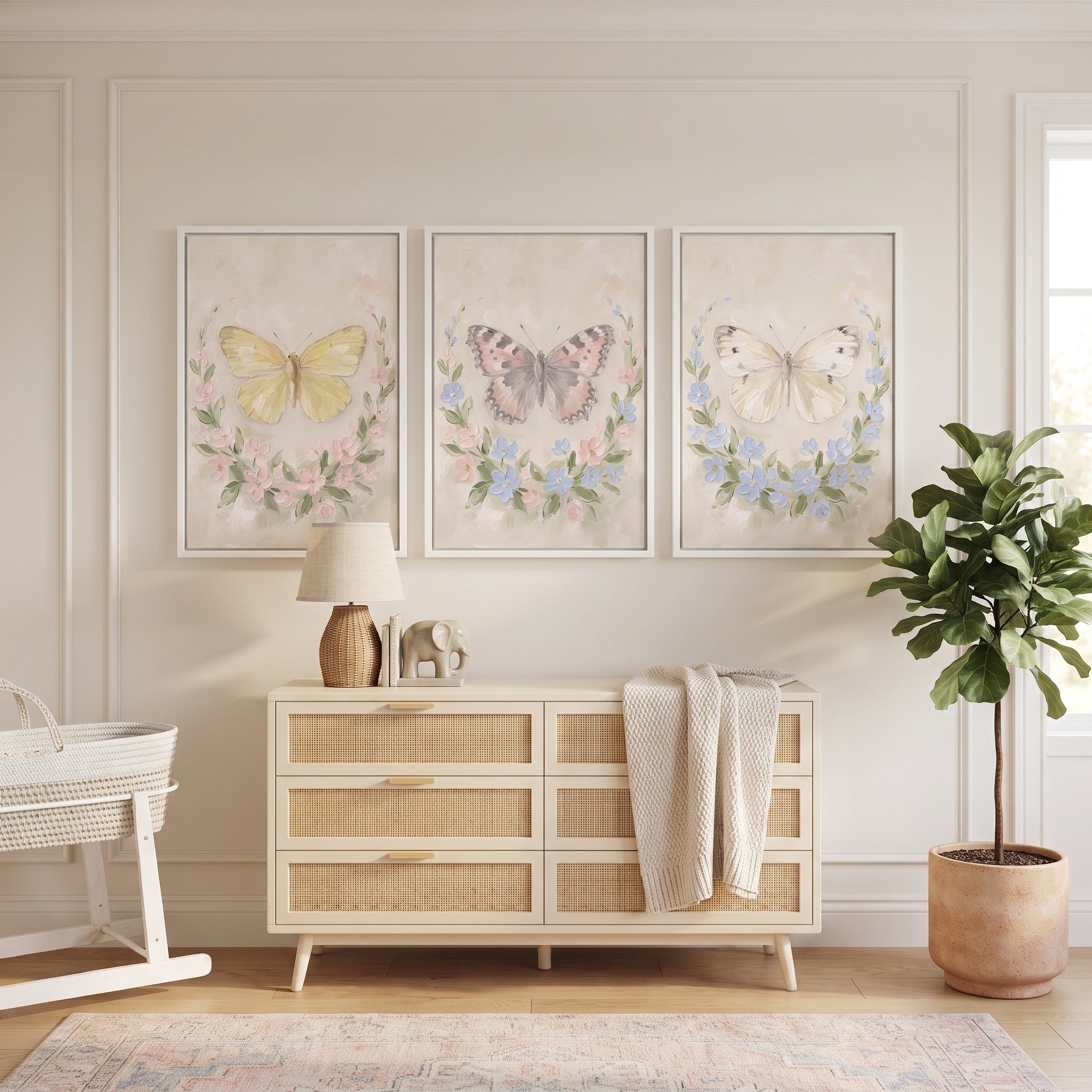 Soft Hue Floral Butterfly Wall Art Set of 3 - Delicate Floral Wings