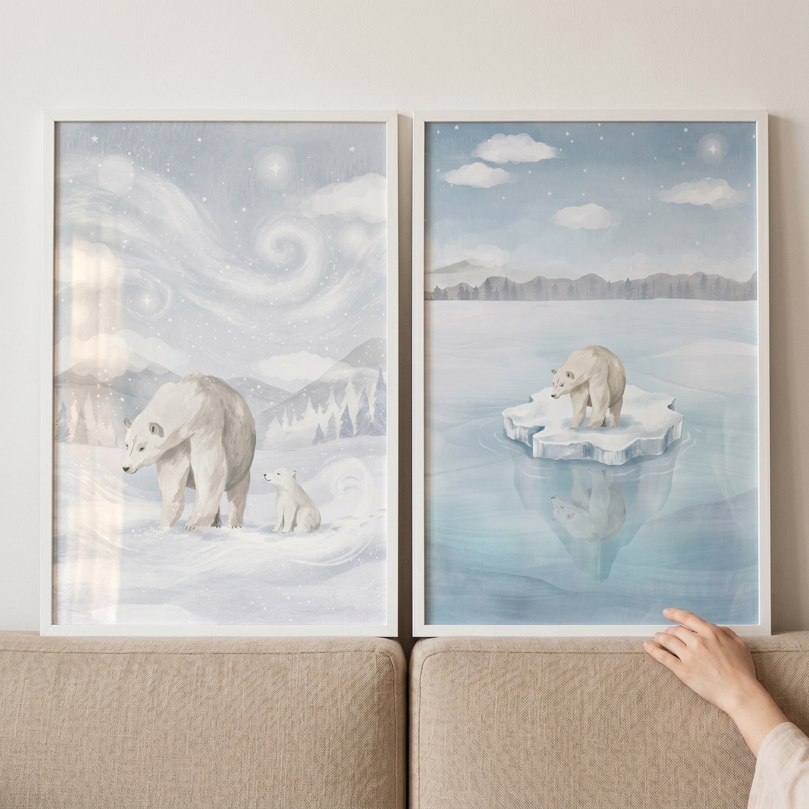 Soft icy blue polar bear artwork set of 2 showing polar bears in snowy landscapes with a cub and a bear on an ice floe.