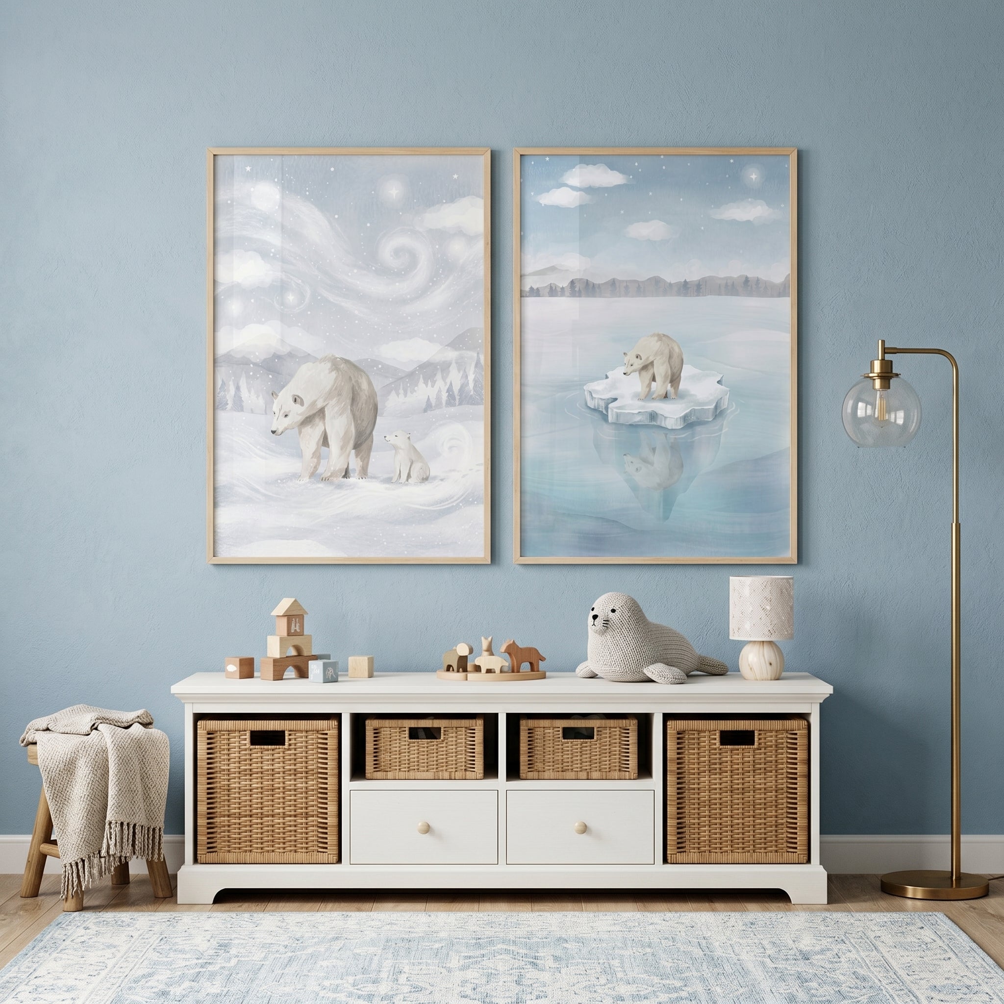 Soft Icy Blue Polar Bear Artwork Set of 2 - Frozen Winter Tales