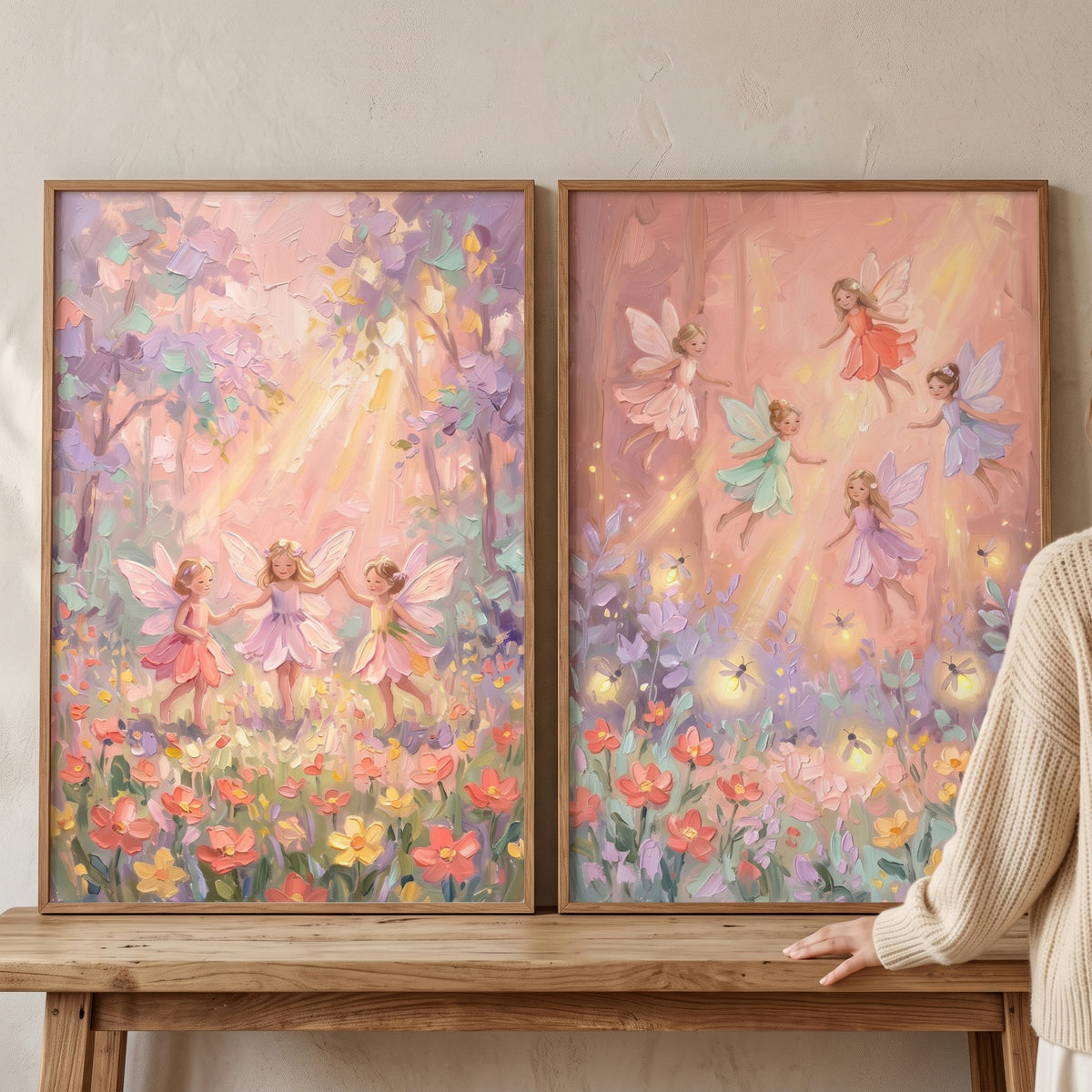 Soft impasto whimsical fairy wall art set of 2 depicts fairies dancing and flying in a sunlit, pastel floral meadow.