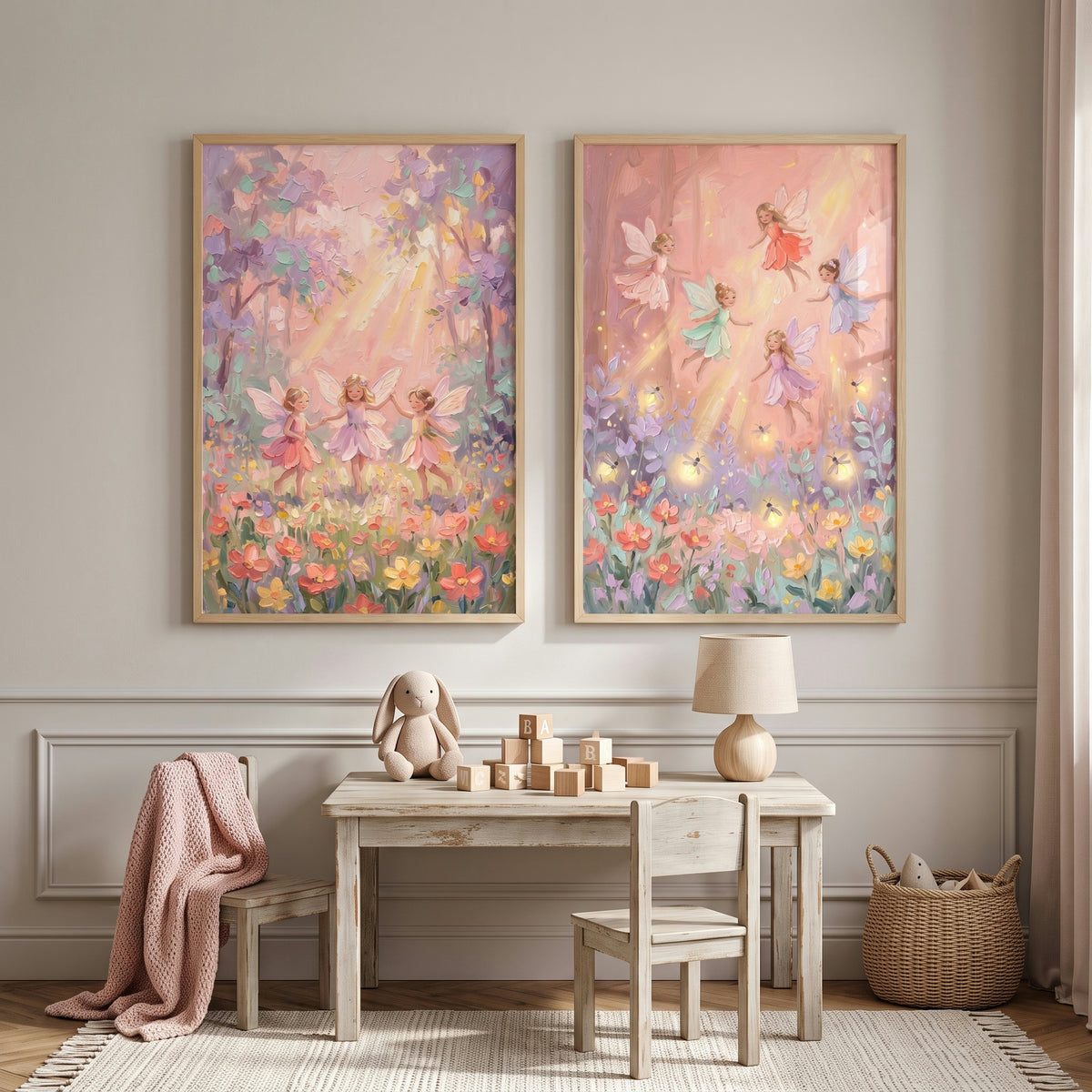 Soft Impasto Whimsical Fairy Wall Art Set of 2 - Sunlit Sprite Dance