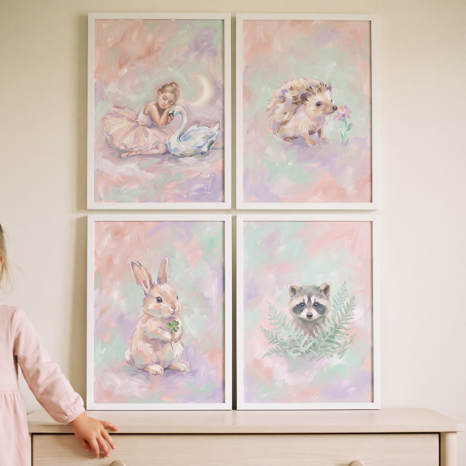Soft impressionist girls room wall art set of 4 featuring a ballerina, hedgehog, bunny, and raccoon in pastel hues.