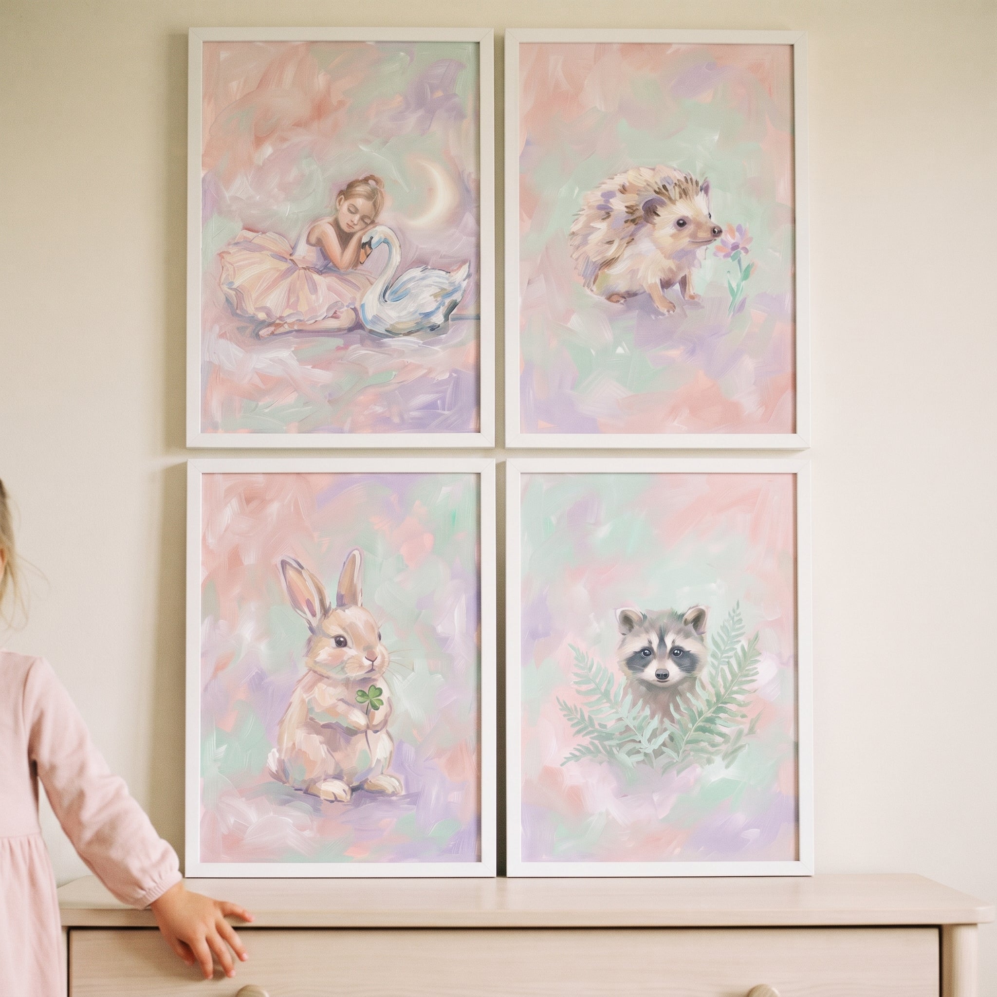Soft Impressionist Girls Room Wall Art Set of 4 - Pastel Forest Charm