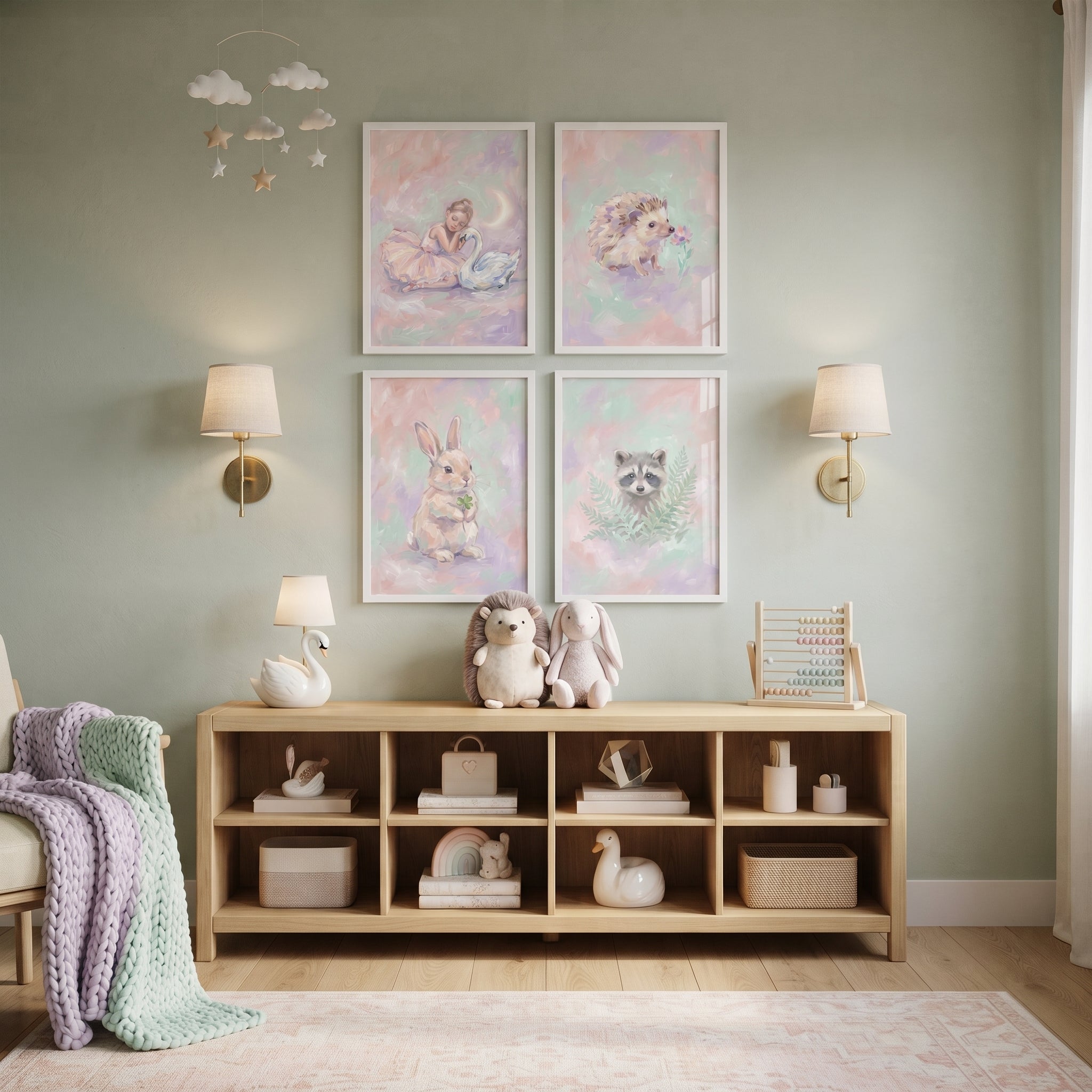 Soft Impressionist Girls Room Wall Art Set of 4 - Pastel Forest Charm