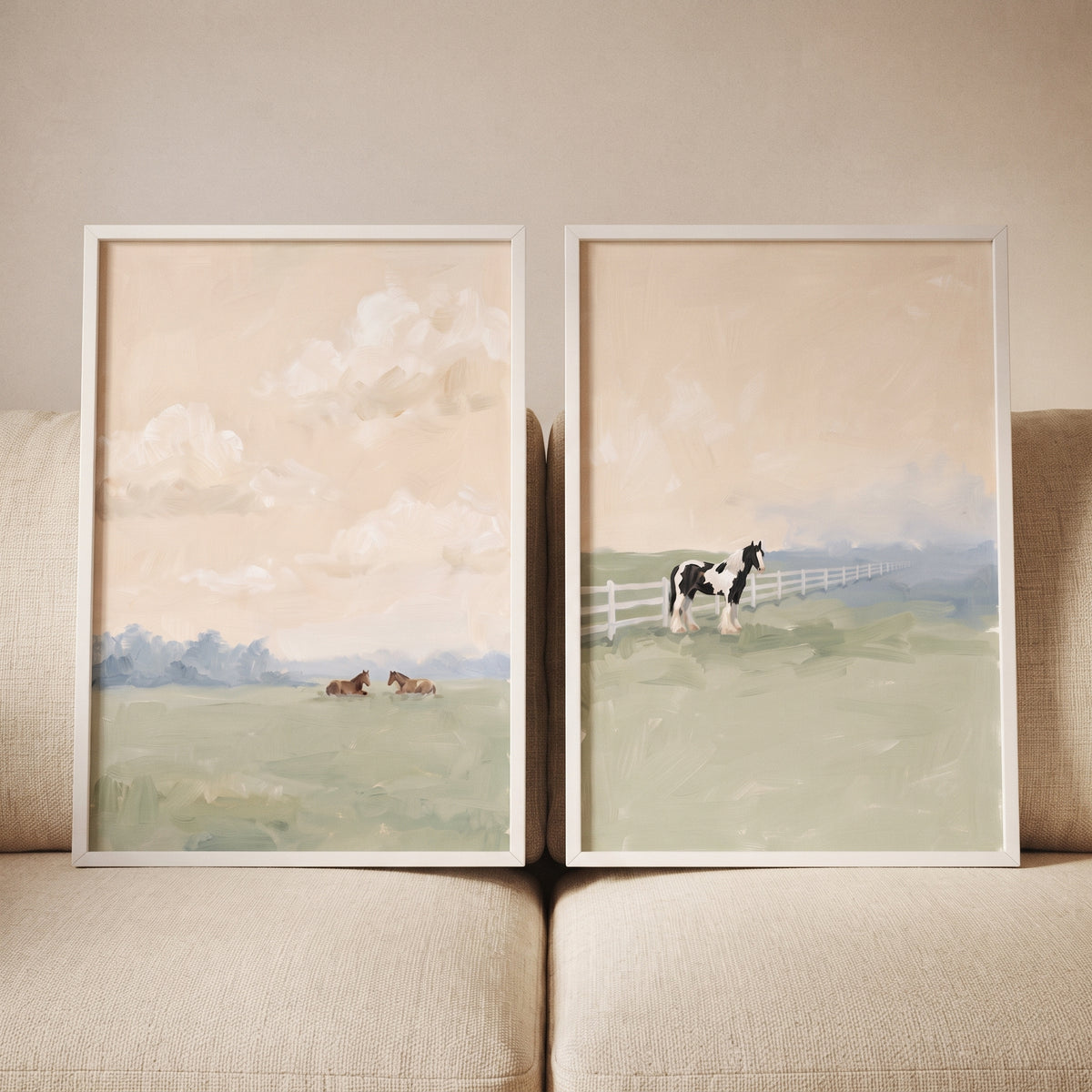 Soft impressionist meadow horse wall art set of 2 featuring brown and black-and-white horses in misty fields.